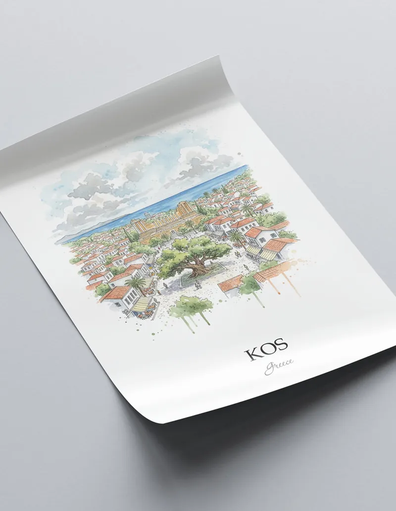 A close-up of a high-quality paper print featuring the Kos (Town) city minimalist design.