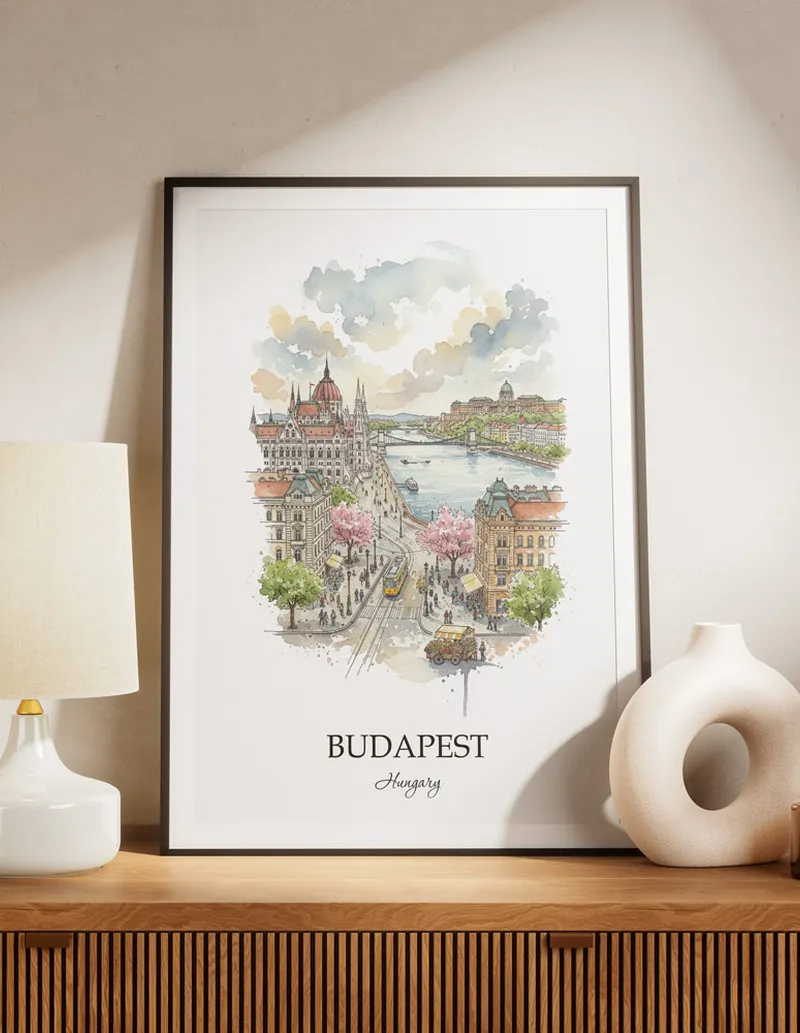 A lovely interior preview showcasing a vintage-vibe travel poster design of the scenic Budapest city.
