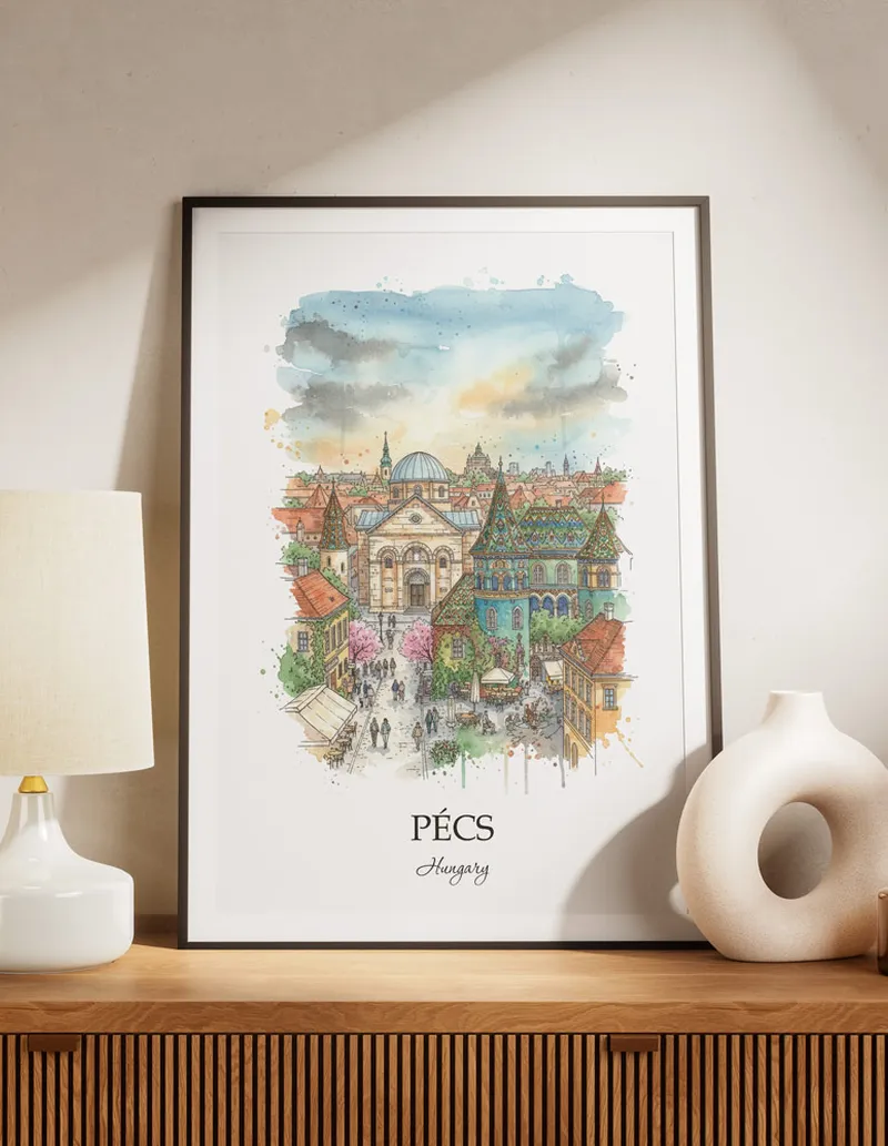A lovely interior preview showcasing a vintage-vibe travel poster design of the scenic Pécs city.
