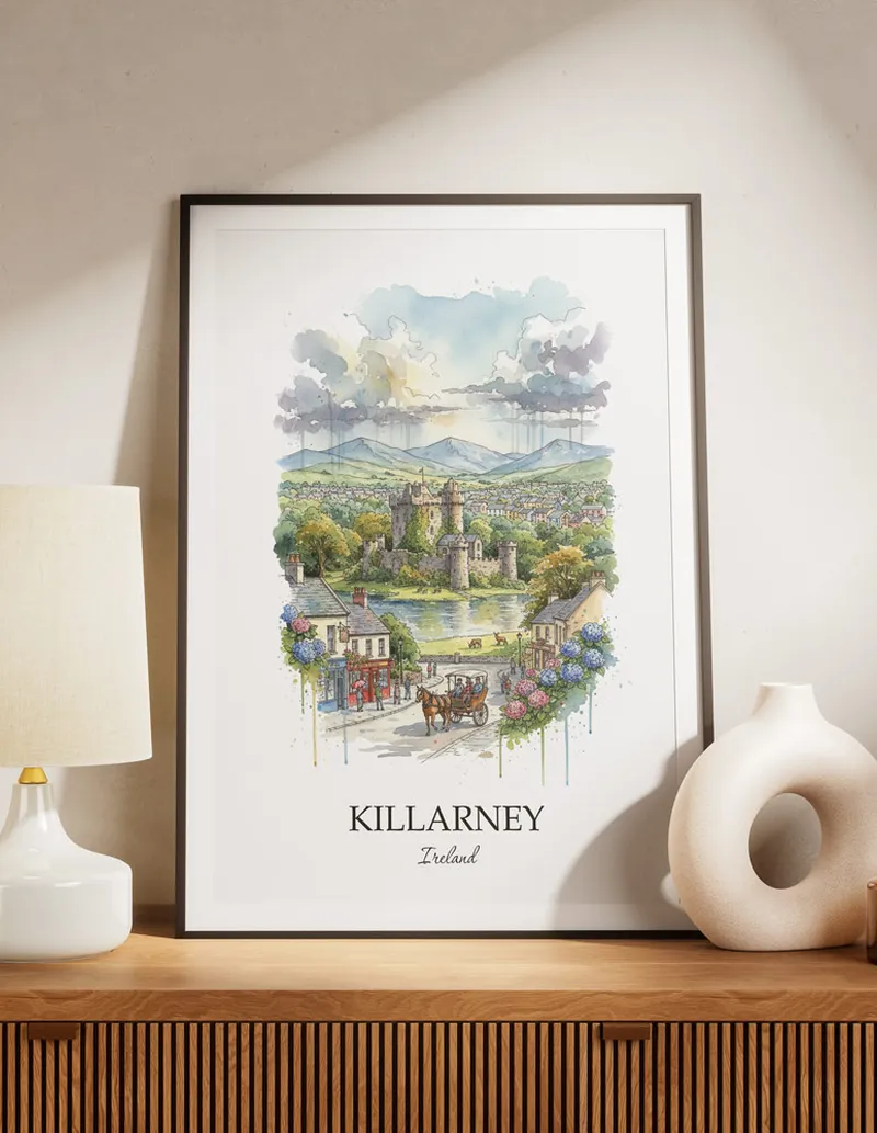A lovely interior preview showcasing a vintage-vibe travel poster design of the scenic Killarney city.