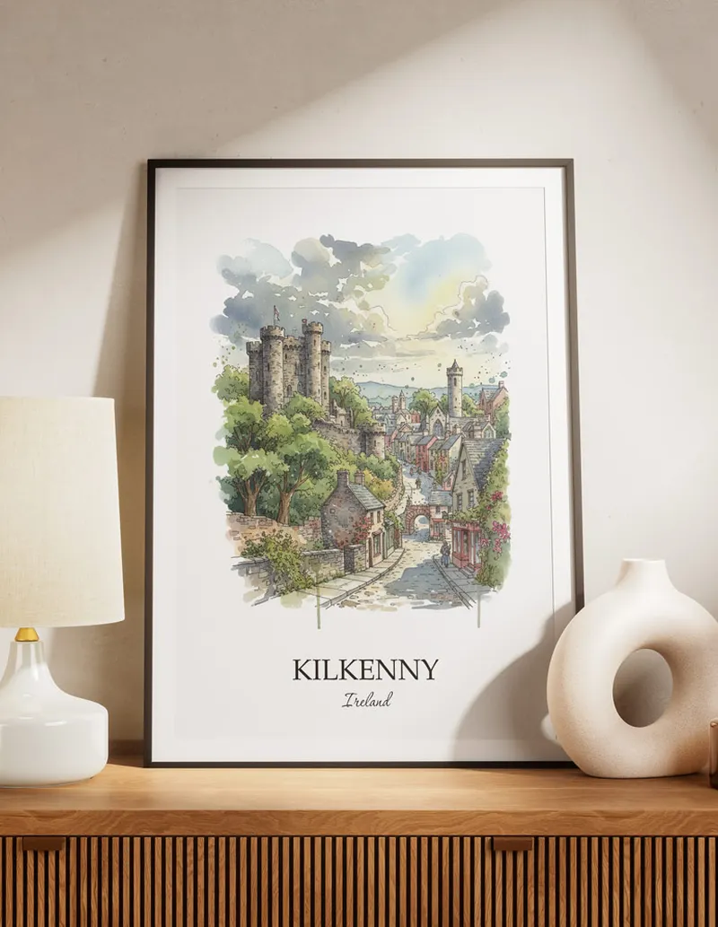 A lovely interior preview showcasing a vintage-vibe travel poster design of the scenic Kilkenny city.