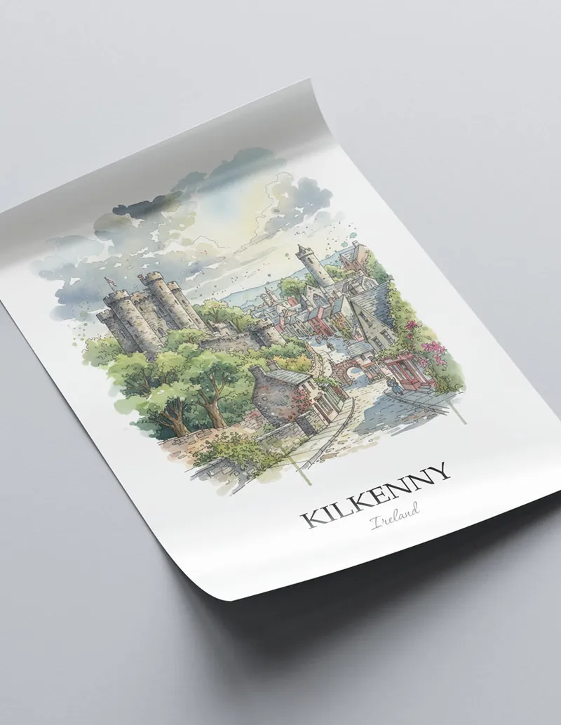 A close-up of a high-quality paper print featuring the Kilkenny city minimalist design.