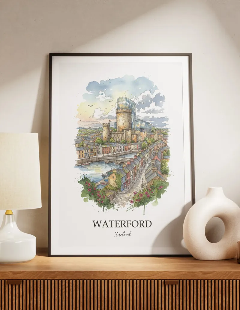 A lovely interior preview showcasing a vintage-vibe travel poster design of the scenic Waterford city.