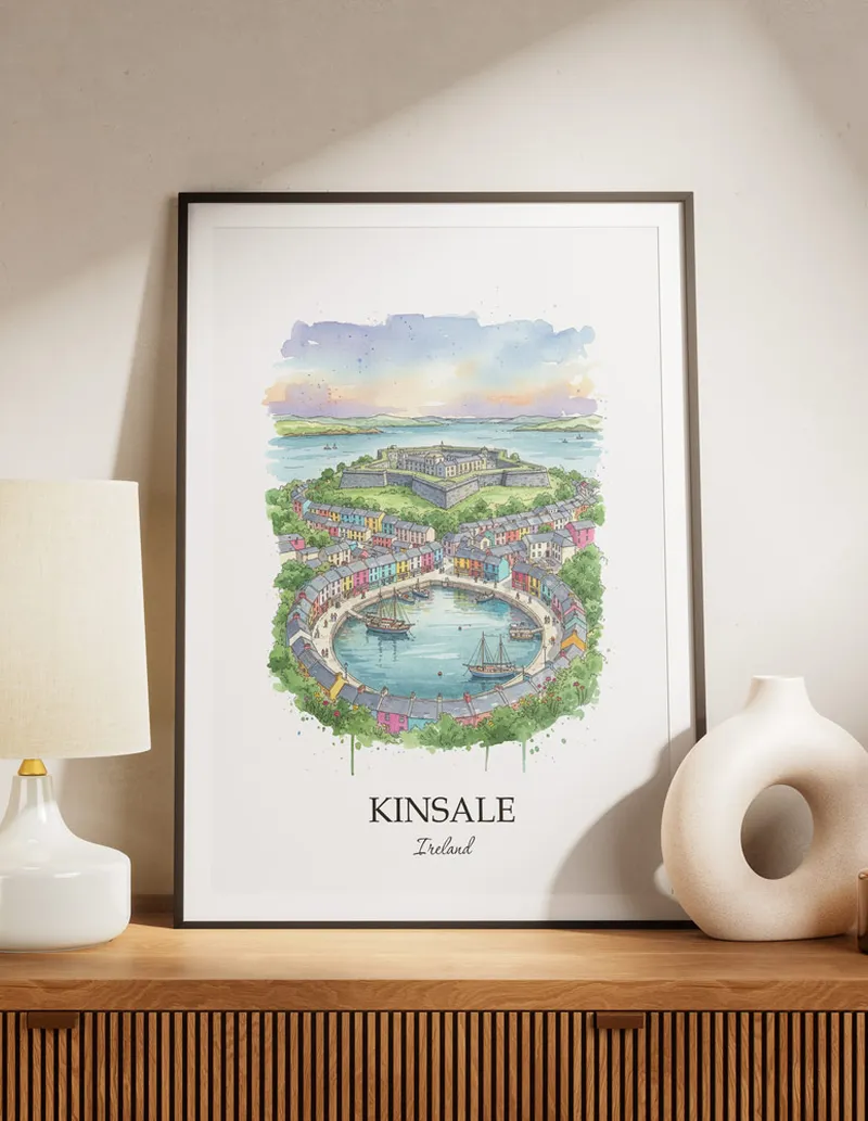 A lovely interior preview showcasing a vintage-vibe travel poster design of the scenic Kinsale city.