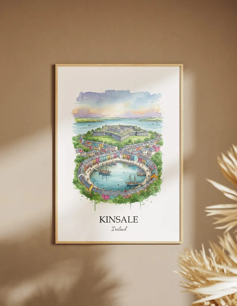 A clean and modern mockup showing a framed Kinsale city print on a minimalist background.