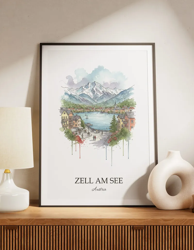A lovely interior preview showcasing a vintage-vibe travel poster design of the scenic Zell am See city.