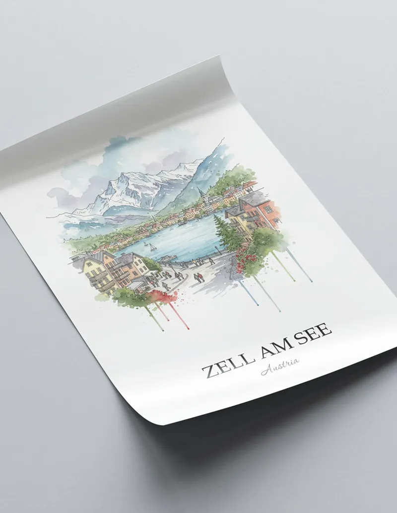 A close-up of a high-quality paper print featuring the Zell am See city minimalist design.