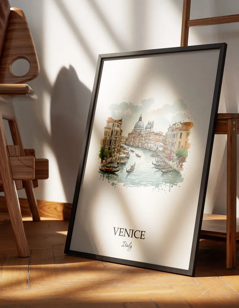 Minimalist poster of Venice city in Italy in a light frame standing on the floor in a dark moody interior.