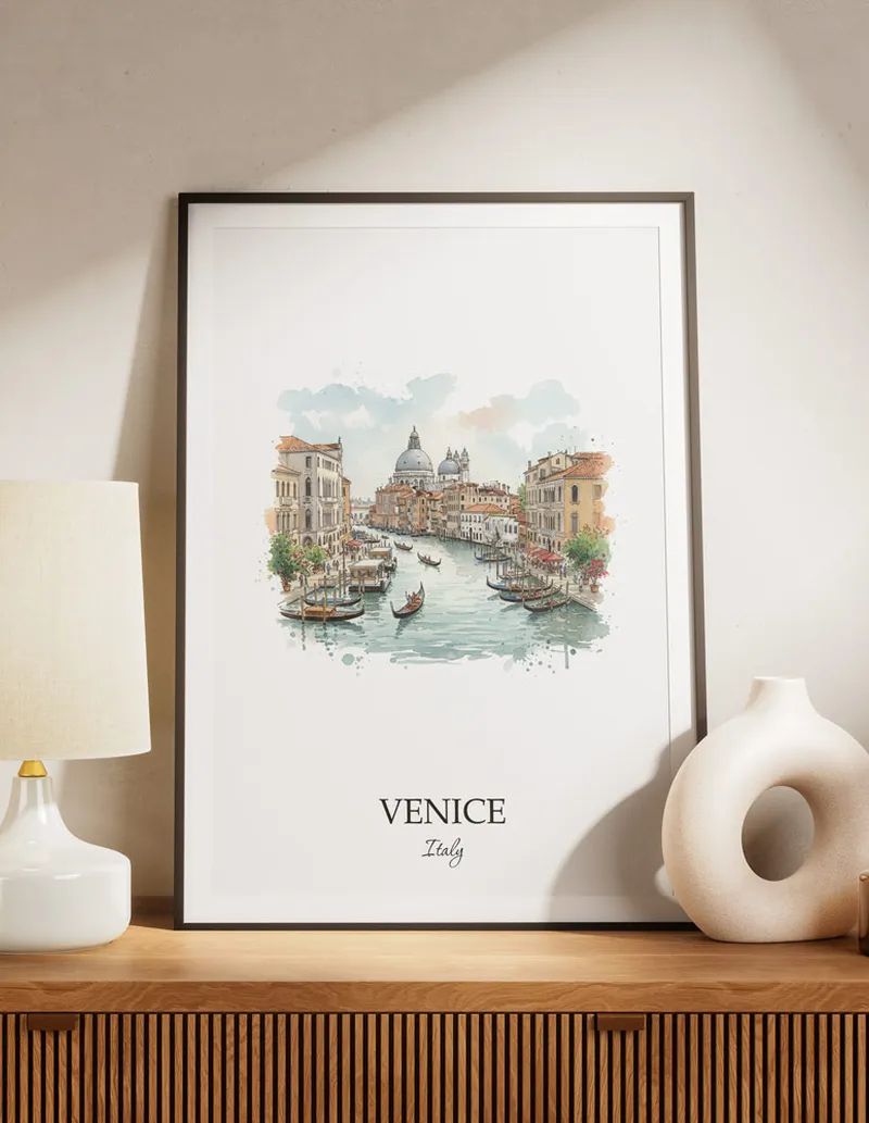 A lovely interior preview showcasing a vintage-vibe travel poster design of the scenic Venice city.