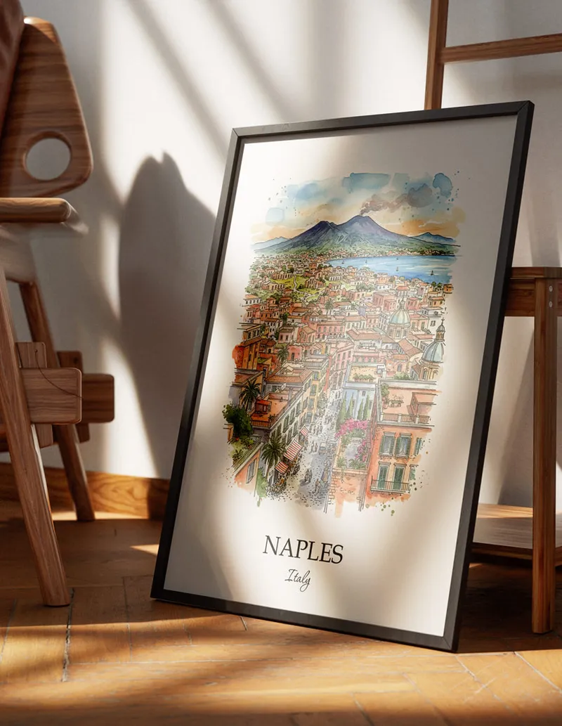 Minimalist poster of Naples city in Italy in a light frame standing on the floor in a dark moody interior.