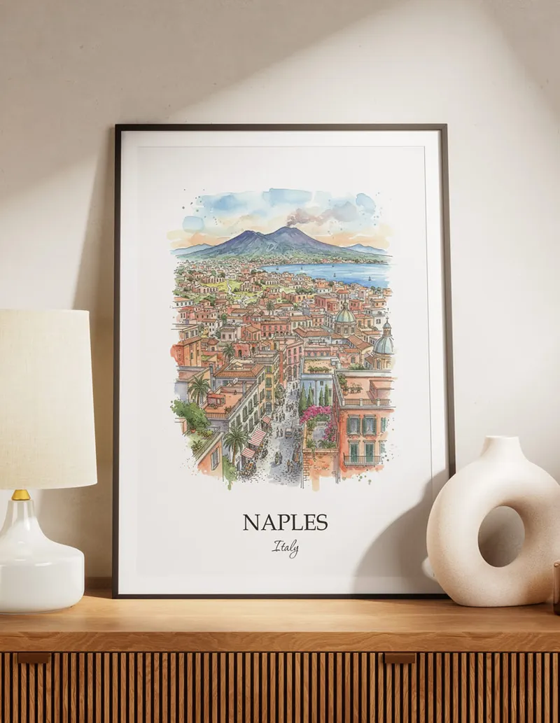 A lovely interior preview showcasing a vintage-vibe travel poster design of the scenic Naples city.