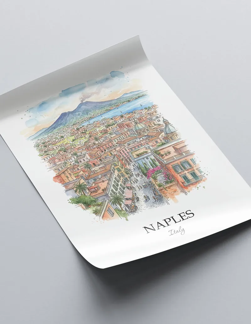 A close-up of a high-quality paper print featuring the Naples city minimalist design.