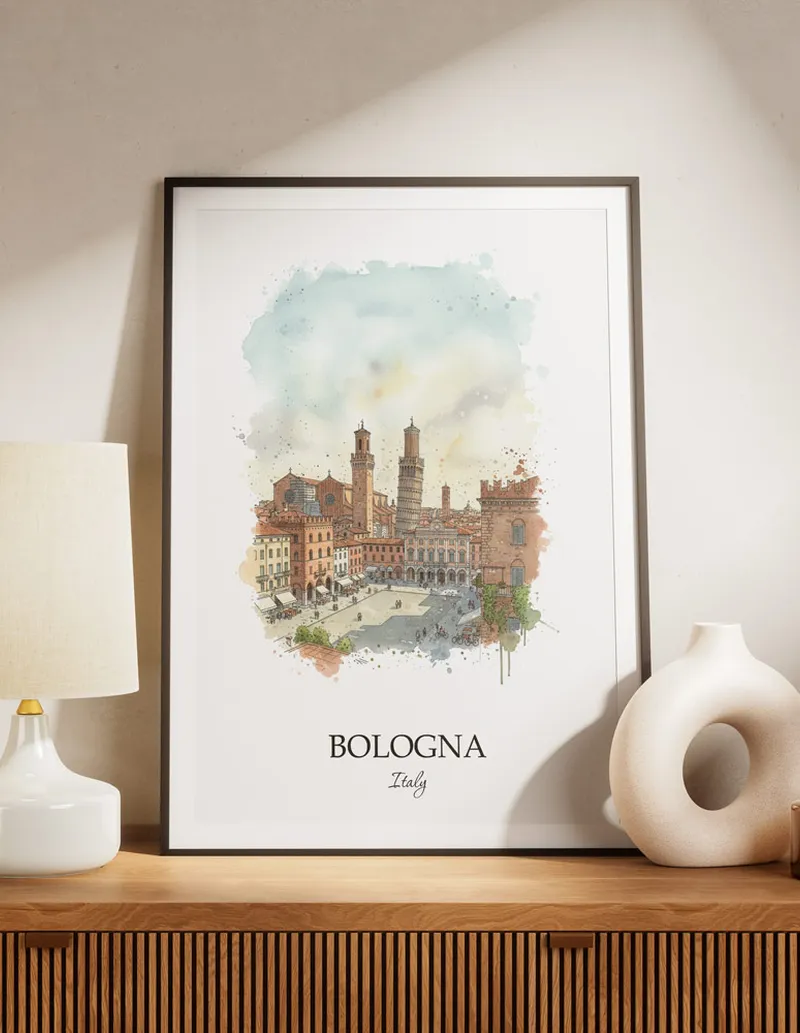 A lovely interior preview showcasing a vintage-vibe travel poster design of the scenic Bologna city.