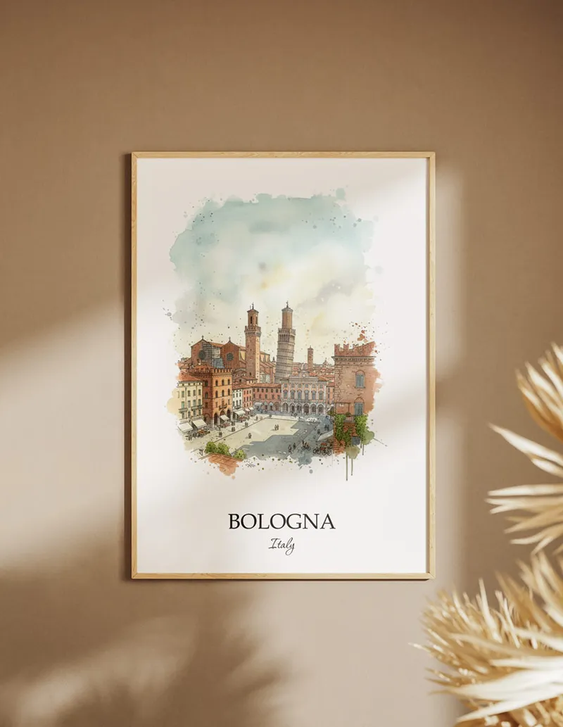 A clean and modern mockup showing a framed Bologna city print on a minimalist background.
