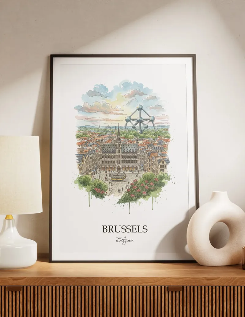 A lovely interior preview showcasing a vintage-vibe travel poster design of the scenic Brussels city.