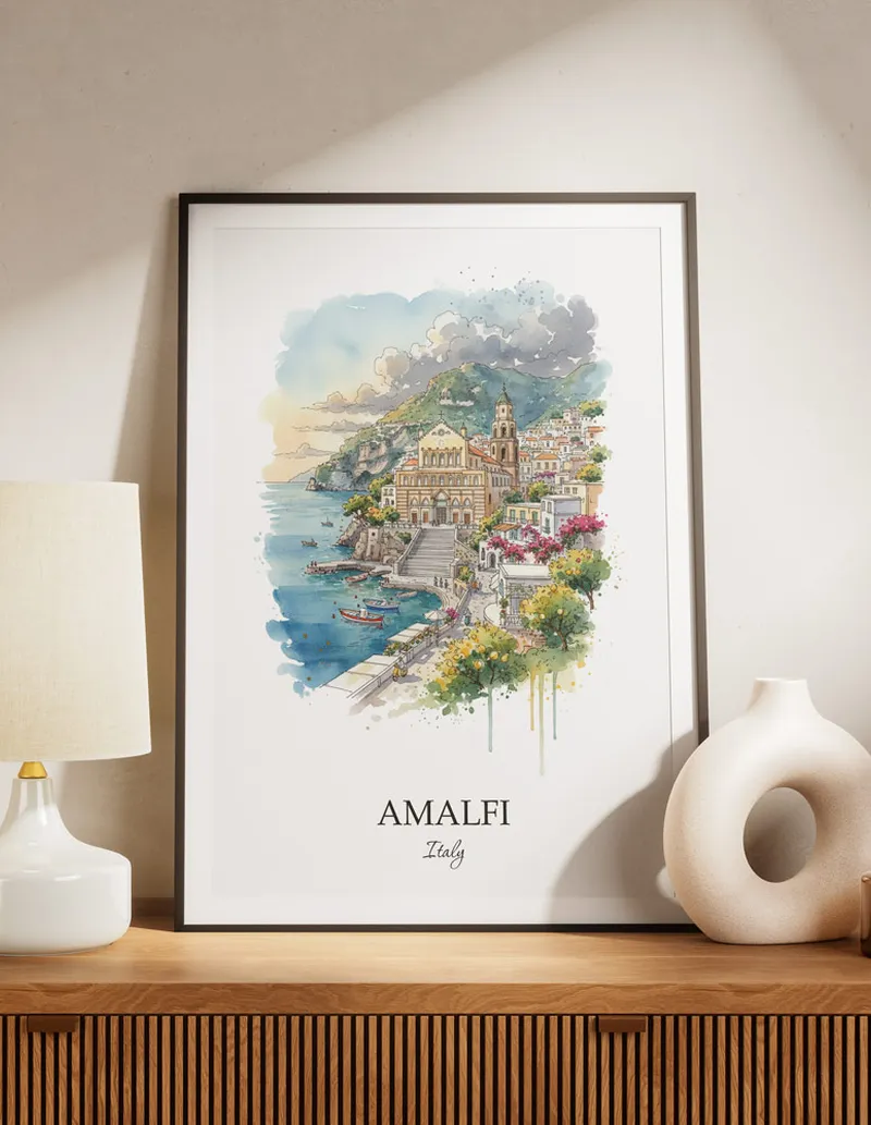 A lovely interior preview showcasing a vintage-vibe travel poster design of the scenic Amalfi city.