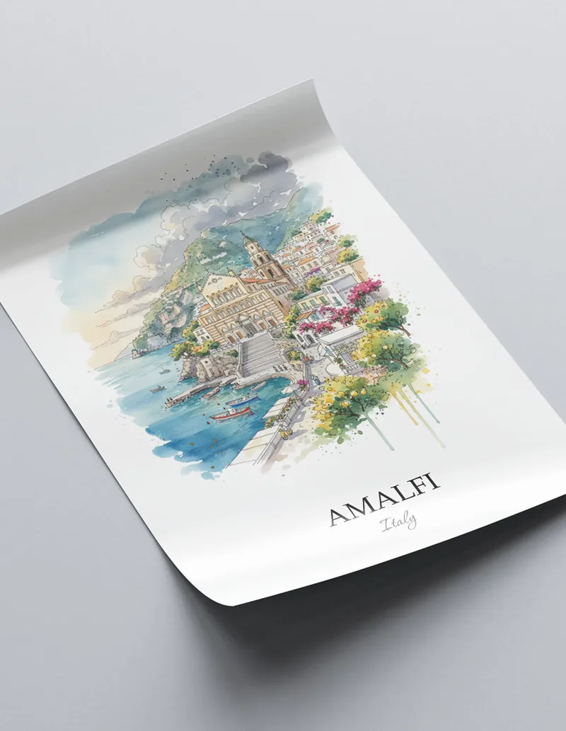 A close-up of a high-quality paper print featuring the Amalfi city minimalist design.