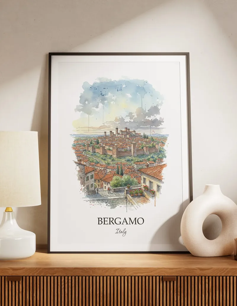 A lovely interior preview showcasing a vintage-vibe travel poster design of the scenic Bergamo city.