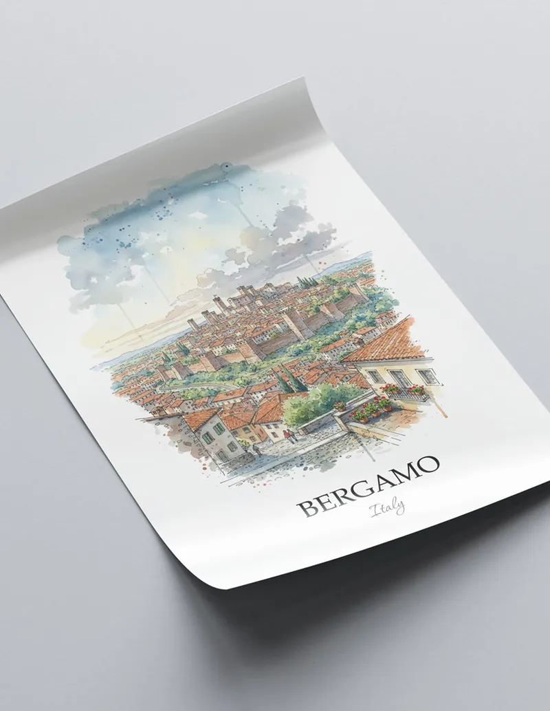 A close-up of a high-quality paper print featuring the Bergamo city minimalist design.
