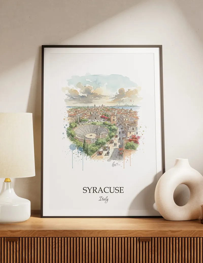 A lovely interior preview showcasing a vintage-vibe travel poster design of the scenic Syracuse city.