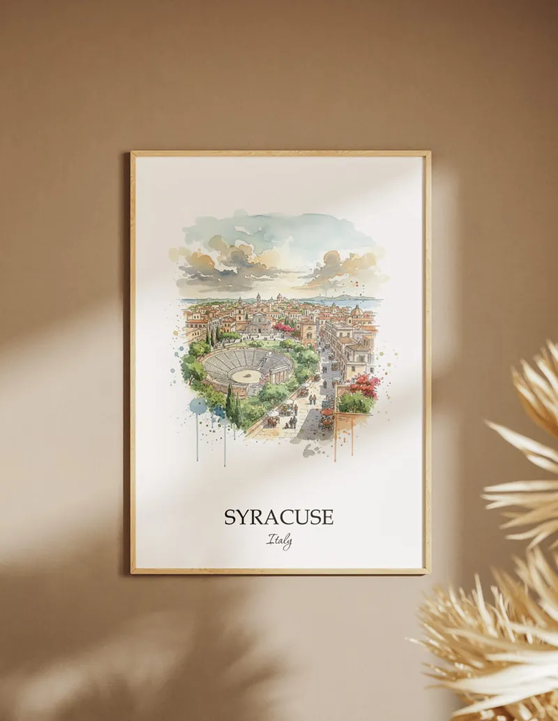 A clean and modern mockup showing a framed Syracuse city print on a minimalist background.
