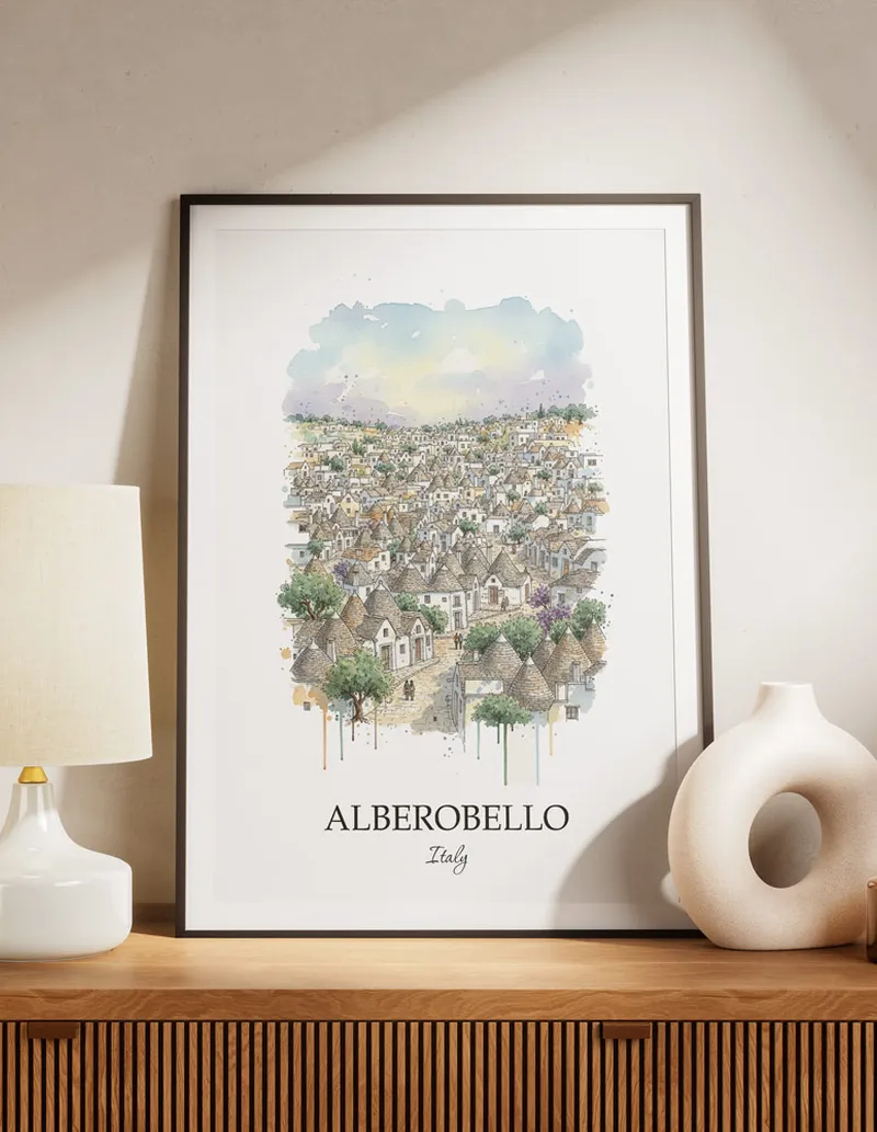 A lovely interior preview showcasing a vintage-vibe travel poster design of the scenic Alberobello city.