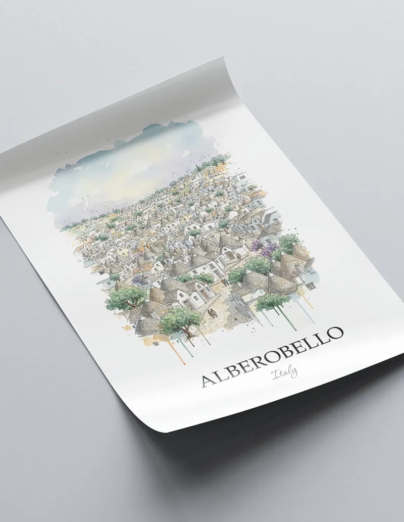 A close-up of a high-quality paper print featuring the Alberobello city minimalist design.