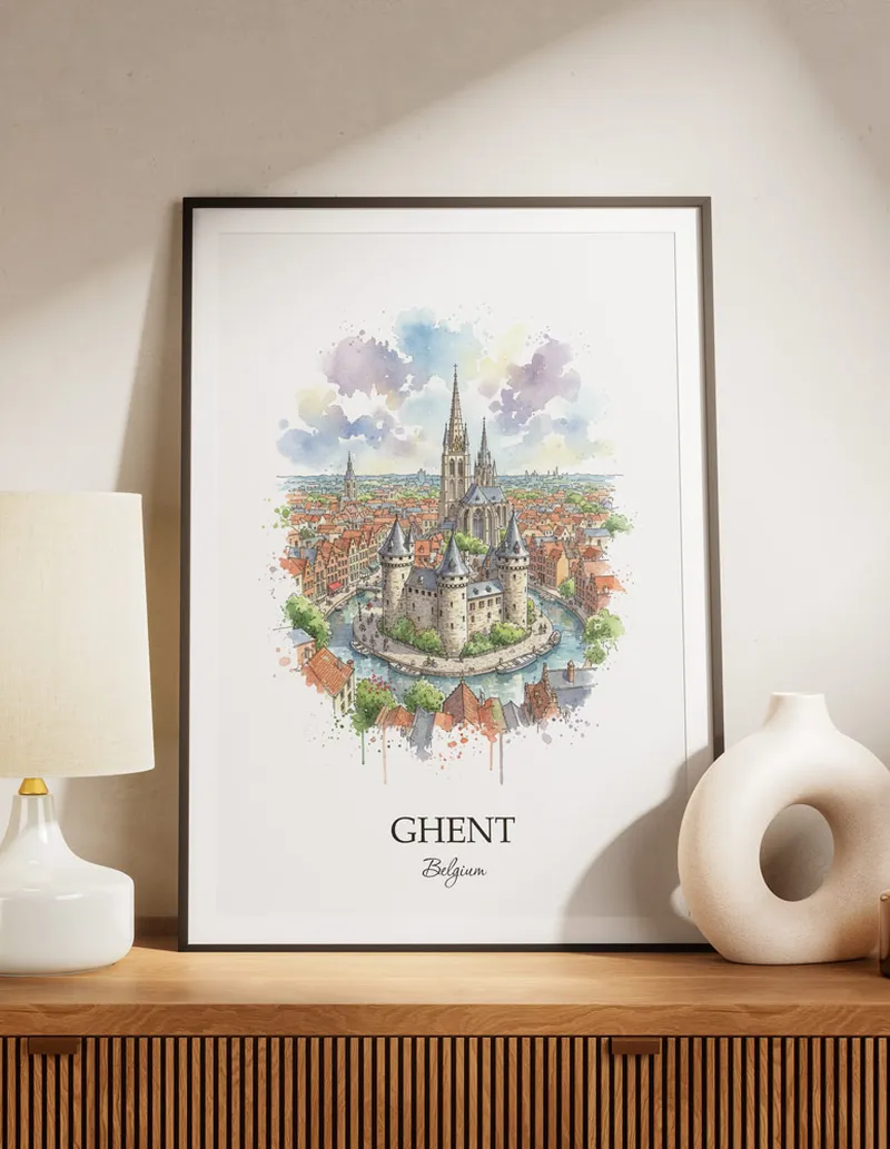 A lovely interior preview showcasing a vintage-vibe travel poster design of the scenic Ghent city.