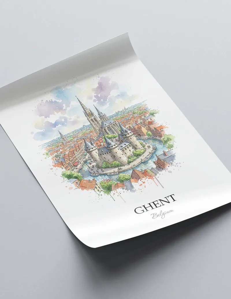 A close-up of a high-quality paper print featuring the Ghent city minimalist design.