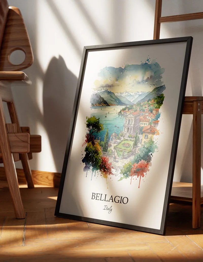 Minimalist poster of Bellagio city in Italy in a light frame standing on the floor in a dark moody interior.