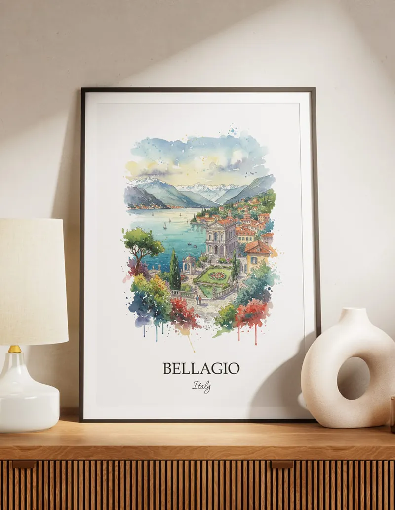 A lovely interior preview showcasing a vintage-vibe travel poster design of the scenic Bellagio city.