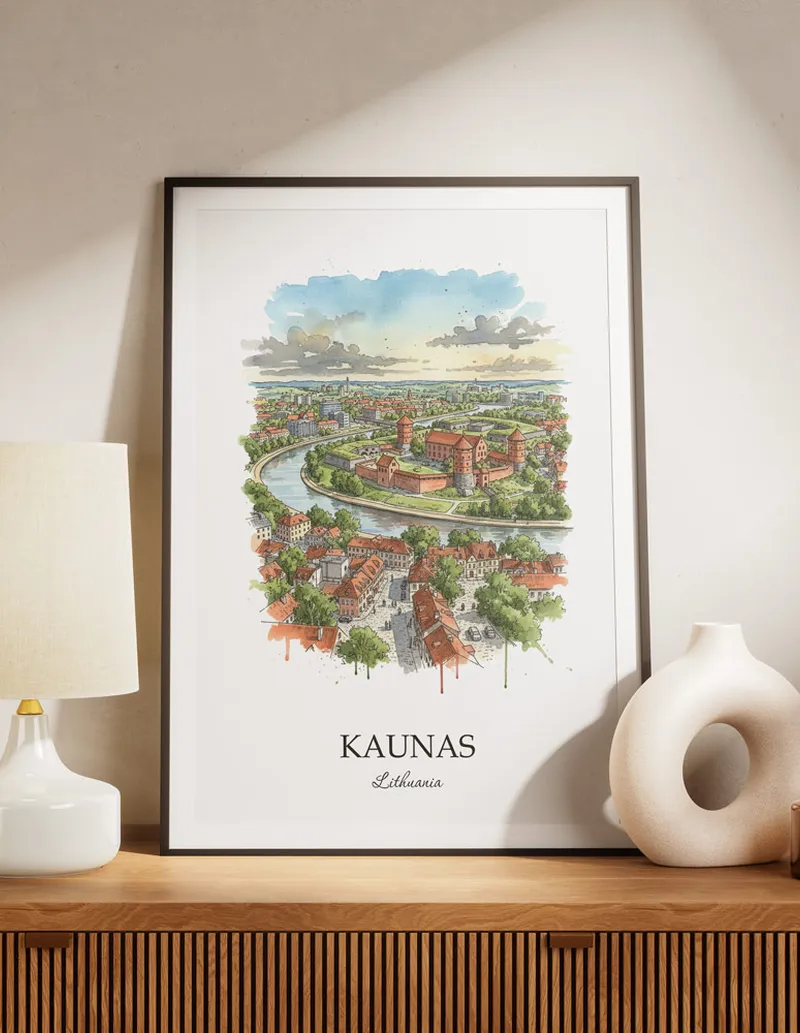 A lovely interior preview showcasing a vintage-vibe travel poster design of the scenic Kaunas city.
