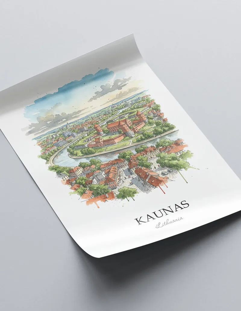 A close-up of a high-quality paper print featuring the Kaunas city minimalist design.