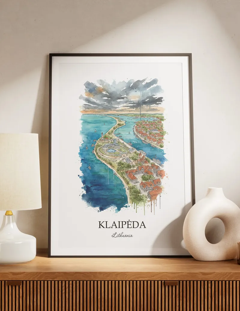 A lovely interior preview showcasing a vintage-vibe travel poster design of the scenic Klaip_da city.