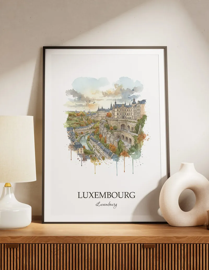 A lovely interior preview showcasing a vintage-vibe travel poster design of the scenic Luxembourg City city.
