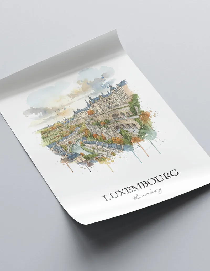 A close-up of a high-quality paper print featuring the Luxembourg City city minimalist design.