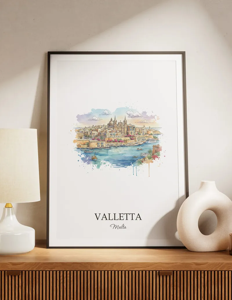 A lovely interior preview showcasing a vintage-vibe travel poster design of the scenic Valletta city.
