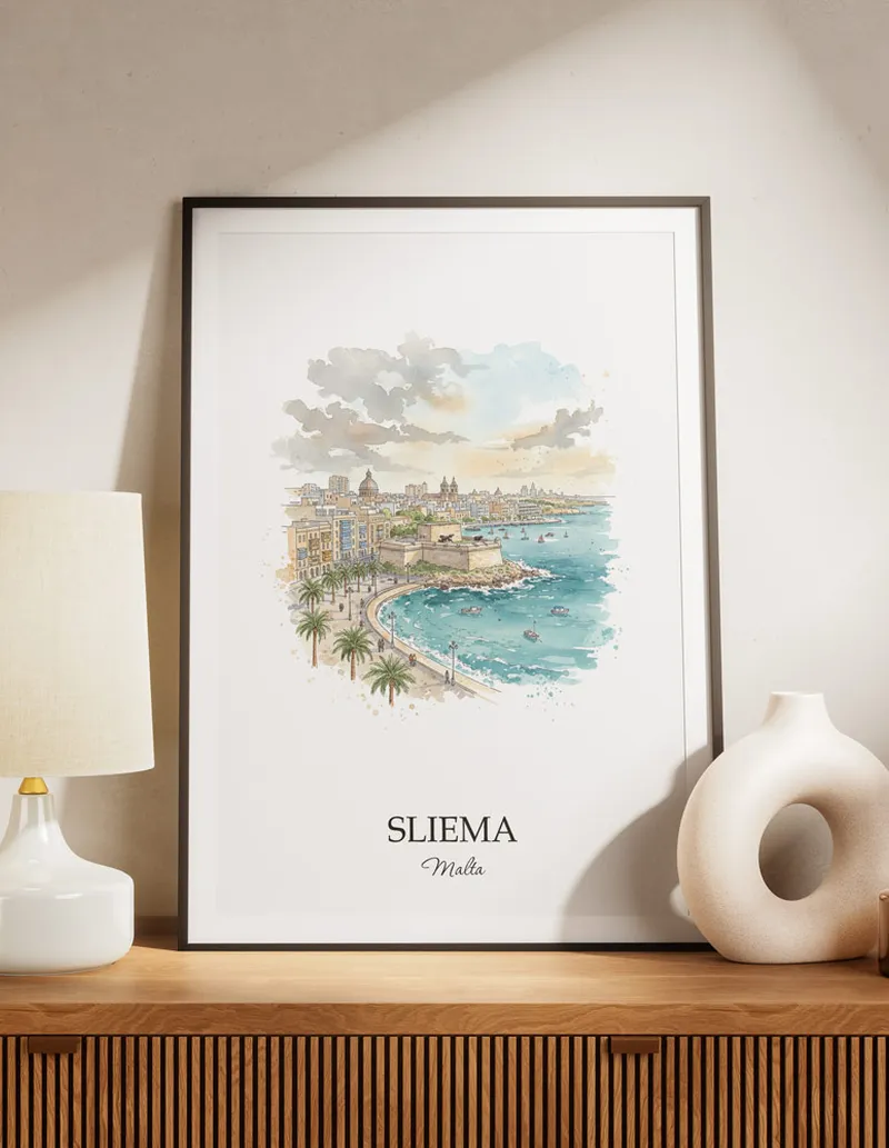 A lovely interior preview showcasing a vintage-vibe travel poster design of the scenic Sliema city.