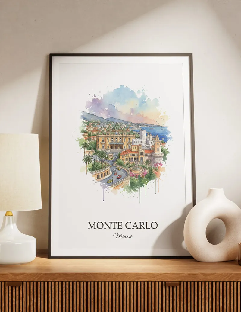 A lovely interior preview showcasing a vintage-vibe travel poster design of the scenic Monte Carlo city.