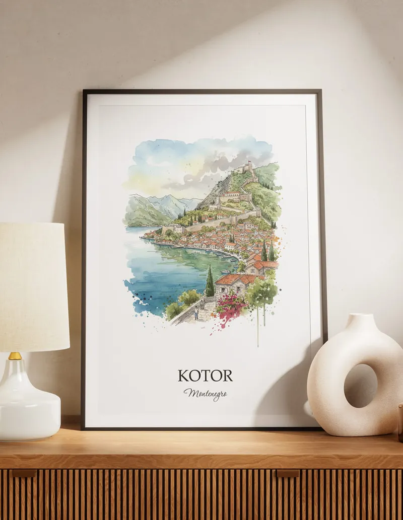 A lovely interior preview showcasing a vintage-vibe travel poster design of the scenic Kotor city.