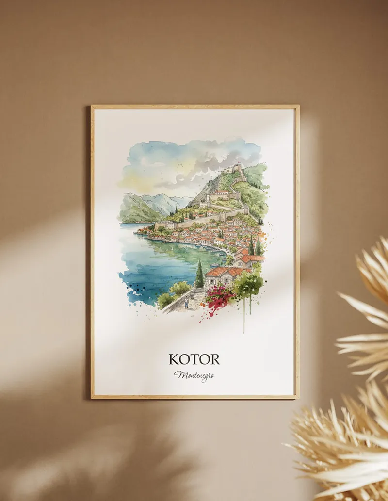 A clean and modern mockup showing a framed Kotor city print on a minimalist background.