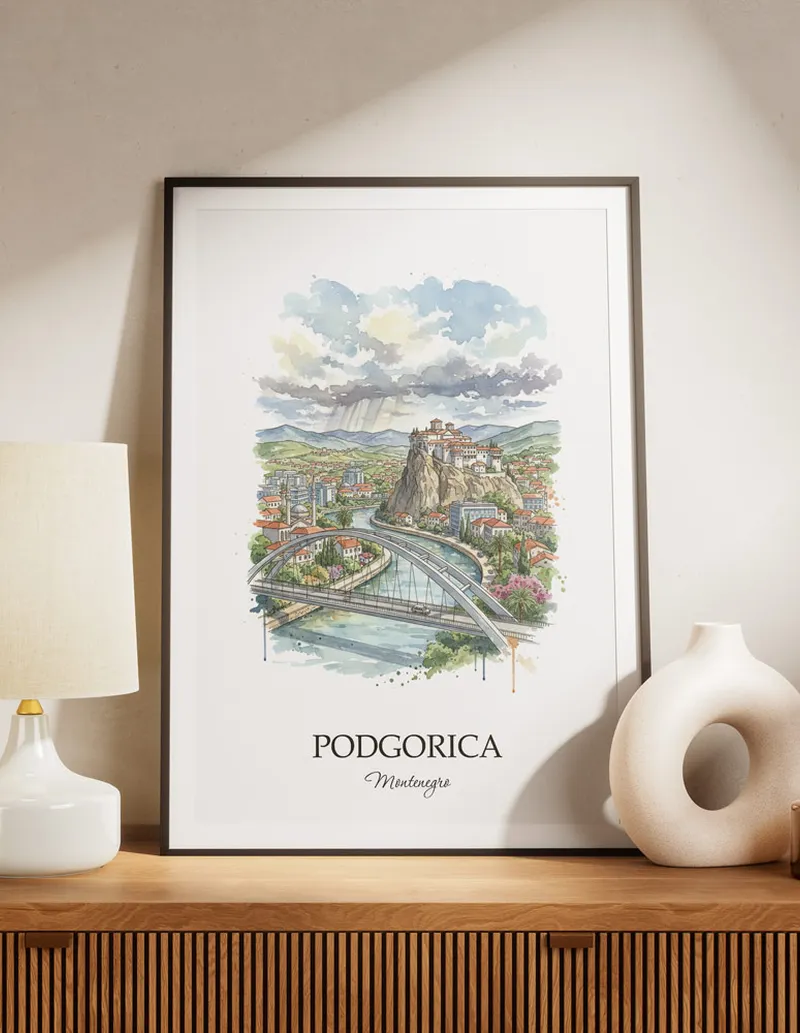 A lovely interior preview showcasing a vintage-vibe travel poster design of the scenic Podgorica city.