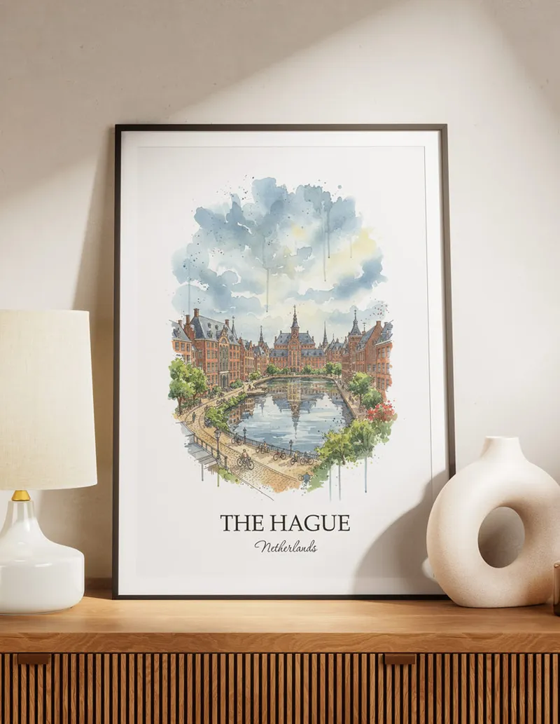 A lovely interior preview showcasing a vintage-vibe travel poster design of the scenic The Hague city.