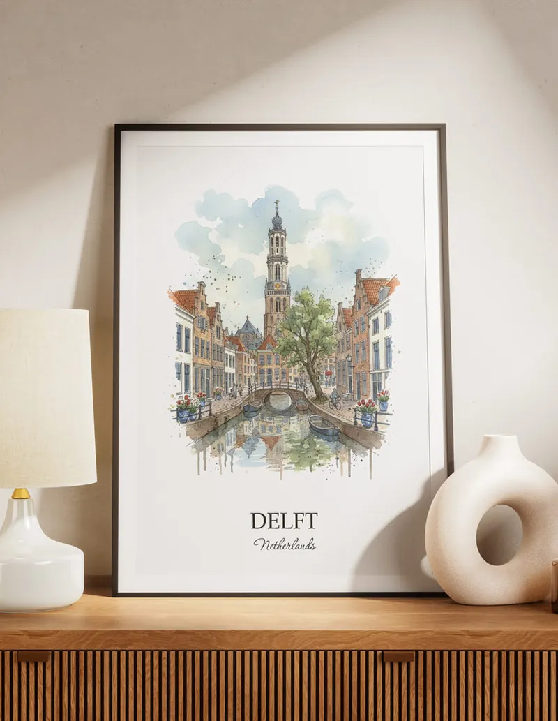 A lovely interior preview showcasing a vintage-vibe travel poster design of the scenic Delft city.