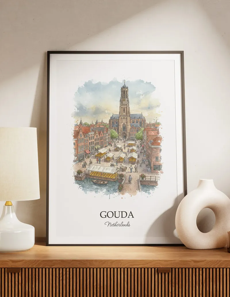 A lovely interior preview showcasing a vintage-vibe travel poster design of the scenic Gouda city.