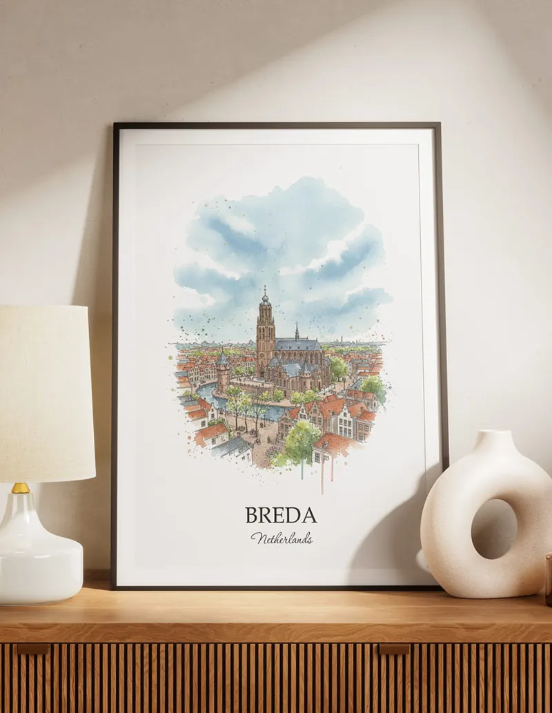 A lovely interior preview showcasing a vintage-vibe travel poster design of the scenic Breda city.