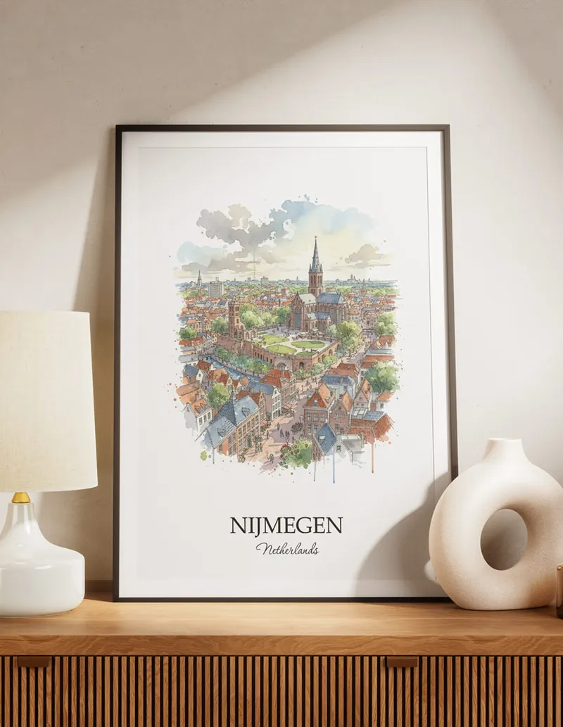 A lovely interior preview showcasing a vintage-vibe travel poster design of the scenic Nijmegen city.