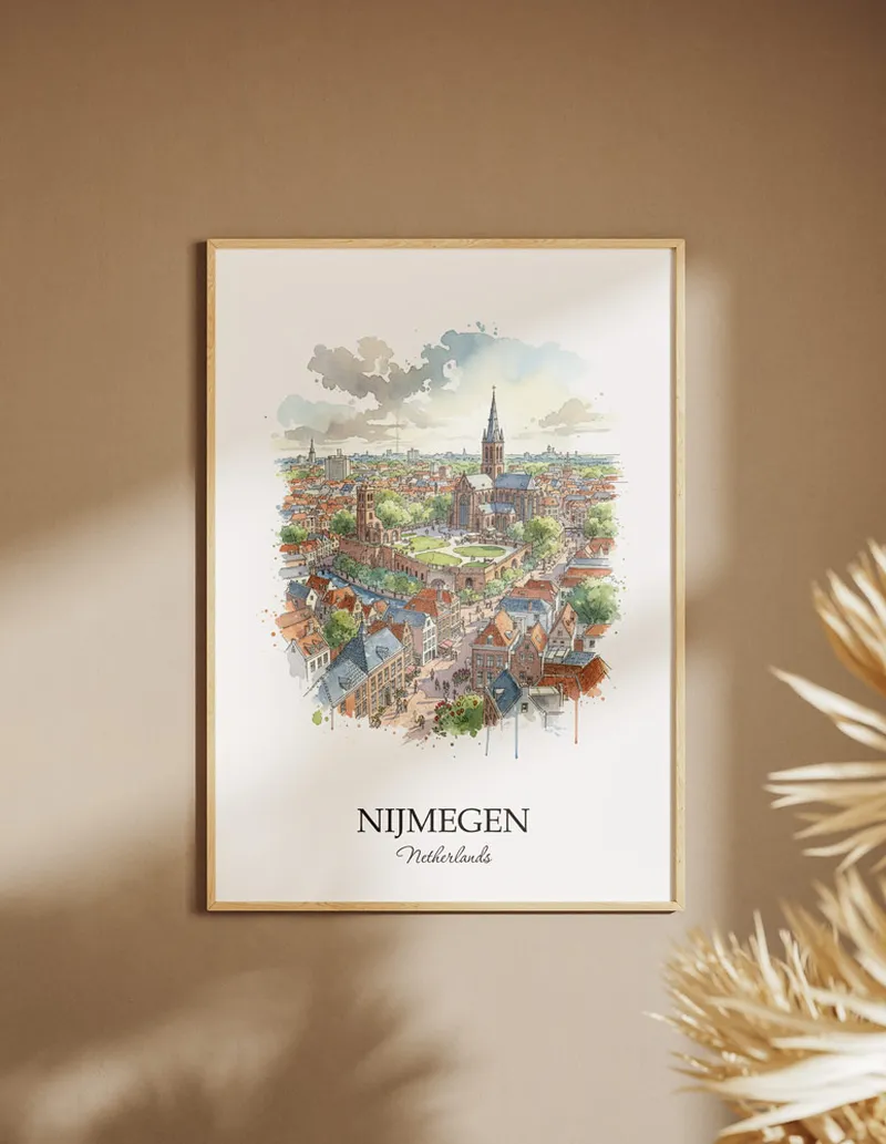 A clean and modern mockup showing a framed Nijmegen city print on a minimalist background.