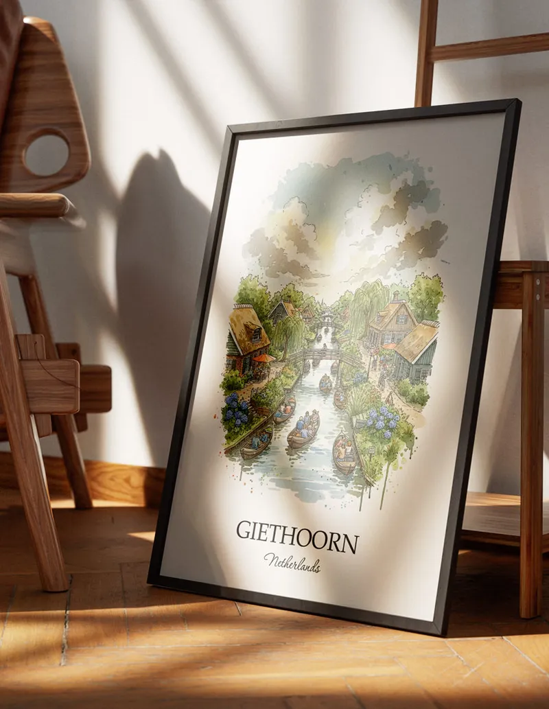 Minimalist poster of Giethoorn city in Netherlands in a light frame standing on the floor in a dark moody interior.