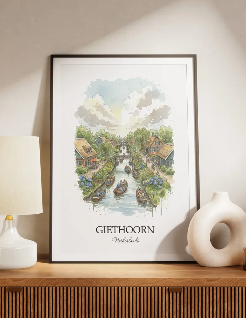 A lovely interior preview showcasing a vintage-vibe travel poster design of the scenic Giethoorn city.